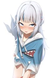 Rule 34 | 1girl, absurdres, animal hood, blue eyes, blue hair, blue hood, blunt bangs, blush, breasts, fins, fish tail, gawr gura, gawr gura (1st costume), grey hair, hair ornament, highres, hololive, hololive english, hood, looking at viewer, medium hair, multicolored hair, open mouth, shark girl, shark hair ornament, shark tail, sidelocks, small breasts, streaked hair, tail, taruto (taruto0918), two side up, virtual youtuber, white background