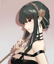 Rule 34 | 1girl, bare shoulders, black dress, black hair, blush, breasts, dress, earrings, gloves, gold hairband, hair ornament, hairband, holding, holding weapon, jewelry, long hair, looking at viewer, lucidsky, red eyes, sidelocks, simple background, solo, spy x family, weapon, yor briar
