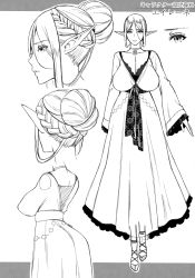 Rule 34 | 1girl, absurdres, arms at sides, braid, breasts, character name, choker, cleavage, closed mouth, concept art, dress, eireen (usagi nagomu), elf, french braid, full body, greyscale, hair bun, highres, huge breasts, long dress, long sleeves, looking at viewer, monochrome, multiple views, original, pointy ears, sandals, single hair bun, standing, usagi nagomu, wide sleeves