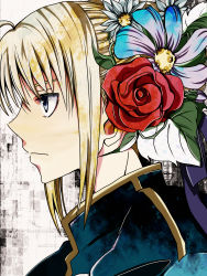 Rule 34 | 1girl, ahoge, artoria pendragon (fate), blonde hair, daisy, fate/stay night, fate (series), flower, grey eyes, hair flower, hair ornament, highres, onorikachi, profile, rose, saber (fate), solo