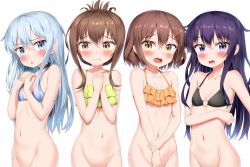 Rule 34 | 4girls, absurdres, akatsuki (kancolle), bikini, bikini top only, black bikini, blue bikini, blue eyes, blush, bottomless, brown eyes, brown hair, commentary request, covering crotch, covering privates, duplicate, embarrassed, fang, folded ponytail, frilled bikini, frills, green bikini, groin, hair between eyes, hair ornament, hairclip, hibiki (kancolle), highres, ikazuchi (kancolle), inazuma (kancolle), kantai collection, long hair, multiple girls, navel, nedia (nedia region), o-ring, o-ring bikini, open mouth, orange bikini, out-of-frame censoring, purple eyes, purple hair, short hair, silver hair, simple background, swimsuit, wavy mouth, white background