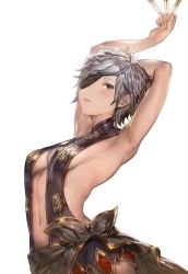 Rule 34 | 10s, 1girl, aos, armpits, arms up, breasts, brown eyes, cleavage, eyepatch, granblue fantasy, navel, short hair, sideboob, silver hair, simple background, small breasts, solo, tania (granblue fantasy), white background