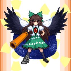 Rule 34 | 1girl, arm cannon, asymmetrical footwear, bird wings, black footwear, black socks, black wings, blouse, bow, brown hair, cape, closed mouth, collared shirt, control rod, frilled skirt, frills, full body, green bow, green skirt, hair between eyes, hair bow, kneehighs, long hair, looking at viewer, mismatched footwear, pixel art, puffy short sleeves, puffy sleeves, radiation symbol, red eyes, reiuji utsuho, shirt, short sleeves, skirt, smile, socks, solo, standing, starry sky print, third eye, touhou, triangle print, tsukimiya toito, v-shaped eyebrows, weapon, white cape, white shirt, wings