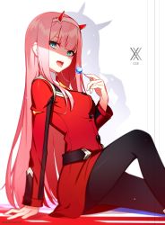 Rule 34 | 10s, 1girl, aqua eyes, artist name, bad id, bad twitter id, belt, black pantyhose, blunt bangs, boots, breasts, buttons, candy, character name, darling in the franxx, dress, eyeshadow, fang, food, hairband, highres, horns, hwansang, in mouth, knee up, lollipop, long hair, long sleeves, looking at viewer, makeup, medium breasts, necktie, open mouth, orange necktie, pantyhose, pink hair, red dress, red horns, saliva, saliva trail, shirt, short dress, short necktie, sidelocks, simple background, sitting, solo, straight hair, tongue, tongue out, turtleneck, twitter username, uniform, white background, white footwear, white hairband, white shirt, zero two (darling in the franxx)