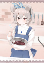 Rule 34 | 1girl, akagashi hagane, animal ears, apron, blue apron, blush, bowl, chocolate, chocolate making, closed mouth, cowboy shot, flying sweatdrops, hair ribbon, hairband, indoors, jewelry, kitchen, ladle, long sleeves, mouse ears, mouse tail, nazrin, necklace, pendant, polka dot, polka dot ribbon, red eyes, ribbed sweater, ribbon, short hair, sleeves past wrists, solo, spatula, stirring, sweater, tail, tareme, touhou, valentine, white sweater