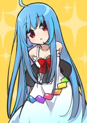 Rule 34 | 1girl, adapted costume, ahoge, arms behind back, bare shoulders, black hat, blue hair, bow, bowtie, cowboy shot, dress, hat, hinanawi tenshi, long hair, looking at viewer, mei mu, open mouth, red bow, red bowtie, red eyes, shide, sleeveless, sleeveless dress, solo, sparkle, touhou, unworn hat, unworn headwear, white dress, yellow background