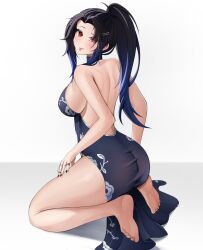 Rule 34 | 1girl, :p, absurdres, backless dress, backless outfit, bare arms, bare back, bare legs, bare shoulders, barefoot, black hair, blue dress, blue hair, blush, breasts, character request, commentary, commission, copyright request, dress, feet, forehead, gradient hair, highres, kneeling, large breasts, looking at viewer, multicolored hair, panic (panic0w), ponytail, red eyes, smile, soles, solo, thighs, toes, tongue, tongue out