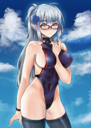 Rule 34 | 1girl, alternate costume, alternate hairstyle, arm between breasts, bare shoulders, bespectacled, between breasts, black one-piece swimsuit, black thighhighs, blue sky, bracelet, breasts, cloud, collarbone, day, expressionless, girls&#039; frontline, glasses, green eyes, highres, hk416 (girls&#039; frontline), jewelry, large breasts, long hair, looking at viewer, multicolored clothes, multicolored swimsuit, one-piece swimsuit, outdoors, persocon93, ponytail, red-framed eyewear, red one-piece swimsuit, sideboob, silver hair, sky, solo, swimsuit, thighhighs