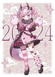 Rule 34 | 1girl, bandaid, bandaid on knee, bandaid on leg, black footwear, blush, bow, chinese zodiac, chitetan, commentary request, crossed bandaids, dragon girl, dragon horns, dragon tail, dress, frilled dress, frills, full body, grey eyes, hair ornament, hairclip, hand puppet, horn bow, horn ornament, horns, looking at viewer, loose socks, original, pantyhose, pink bow, pink dress, pink hair, pink socks, puppet, shoes, single leg pantyhose, single sock, socks, solo, standing, striped clothes, striped pantyhose, tail, tongue, tongue out, twintails, year of the dragon, year of the rat