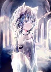Rule 34 | 1girl, animal ears, cat ears, cat girl, detached sleeves, dress, expressionless, grey eyes, grey theme, indoors, jewelry, koneko mari, long hair, necklace, original, silver dress, silver hair, slit pupils, solo, strapless, strapless dress, upper body, vaulted ceiling