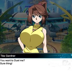 Rule 34 | 1girl, alternate breast size, blue eyes, breasts, brown hair, english text, game mod, hair ornament, hair scrunchie, huge breasts, impossible clothes, impossible shirt, looking at viewer, mazaki anzu, mod, ponytail, screencap, scrunchie, shirt, sleeveless, sleeveless shirt, smile, solo, thesanstorm, tight clothes, tight shirt, yellow shirt, yu-gi-oh!, yu-gi-oh! duel links, yu-gi-oh! duel monsters