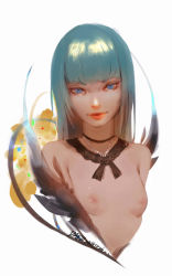 Rule 34 | 1girl, artist name, blue hair, blunt bangs, breasts, breasts apart, closed mouth, cropped torso, dated, detached collar, highres, hime cut, hu dako, jewelry, light smile, lips, looking at viewer, mole, mole under eye, necklace, nipples, original, signature, small breasts, solo, upper body, white background