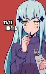 Rule 34 | 1girl, blue hair, blush, character name, dated, food, girls&#039; frontline, green eyes, highres, hk416 (girls&#039; frontline), holding, holding food, holding pocky, long hair, looking away, pocky, pocky day, purple sweater, red background, solo, sweater, yu 416416