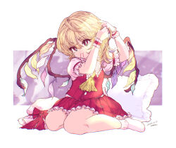 Rule 34 | 1girl, ascot, blonde hair, closed mouth, commentary, dated, flandre scarlet, frilled shirt collar, frilled skirt, frills, full body, hair tie in mouth, hamriku, hands up, hat, highres, leaf, long hair, looking at viewer, mouth hold, pillow, red eyes, red skirt, red vest, shirt, short sleeves, signature, sitting, skirt, socks, solo, touhou, tying hair, unworn hat, unworn headwear, vest, wariza, white hat, white shirt, white socks, wings, wrist cuffs, yellow ascot