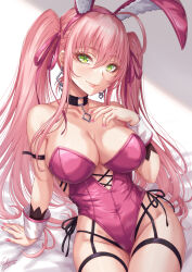 Rule 34 | 1girl, animal ears, arm strap, bare shoulders, blush, breasts, cleavage, closed mouth, collarbone, earrings, fake animal ears, green eyes, highleg, highleg leotard, highres, jewelry, large breasts, leotard, long hair, looking at viewer, nail polish, original, pink hair, pink leotard, pink nails, playboy bunny, rabbit ears, sakiyamama, signature, solo, thighs, twintails
