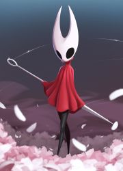 Rule 34 | 1girl, absurdres, cloak, commentary, facing viewer, full body, highres, holding, holding weapon, hollow eyes, hollow knight, hornet (hollow knight), horns, long sleeves, looking at viewer, needle, needle (hollow knight), petals, polearm, pudgeruffian, red cloak, simple background, solo, sparkle, spear, standing, weapon