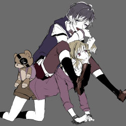 Rule 34 | 10s, 1boy, 1girl, all fours, bags under eyes, blonde hair, capri pants, covering own mouth, covering privates, crying, cuffs, diabolik lovers, eyepatch, fangs, grabbing another&#039;s hair, grey background, half-closed eyes, handcuffs, highres, humiliation, kneehighs, komori yui, laughing, looking at another, open mouth, pants, pink eyes, pulling, purple eyes, purple hair, sakamaki kanato, shorts, simple background, sitting, sitting on person, smile, socks, stuffed animal, stuffed toy, tears, teddy (diabolik lovers), teddy bear