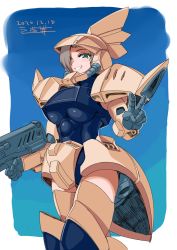 Rule 34 | 1girl, boots, breasts, dated, gelgoog, green eyes, gundam, hair over one eye, highres, large breasts, looking at viewer, looking down, mecha musume, michi kuso, mobile suit gundam, one eye covered, personification, short hair, solo, symbol-only commentary, thigh boots, thighhighs, v, zeon