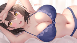 Rule 34 | akira shiun, armpits, arms up, azur lane, baltimore (azur lane), bed sheet, blue bra, blue panties, blush, bra, breasts, brown hair, cleavage, collarbone, commentary request, duplicate, floral print, highres, large breasts, lingerie, looking at viewer, lying, navel, on side, open mouth, panties, pixel-perfect duplicate, rose print, smile, teeth, twitter username, underwear, upper teeth only, yellow eyes