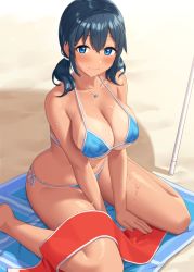 Rule 34 | 1girl, beach, between legs, bikini, black hair, blue bikini, blue eyes, blush, breasts, cleavage, dark-skinned female, dark skin, hand between legs, jewelry, knees together feet apart, large breasts, looking at viewer, micro bikini, necklace, original, sawada yuusuke, sitting, smile, solo, sweat, sweatdrop, swimsuit, tan, tanline, thick thighs, thighs, twintails, wet, wet clothes