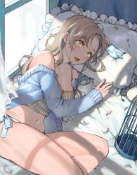 Rule 34 | 1girl, :o, animal, bad id, bad pixiv id, bare legs, bare shoulders, bird, birdcage, blue jacket, blush, breasts, brown hair, cage, camisole, cleavage, collarbone, crop top, curtains, feathers, grey panties, grey shirt, highres, jacket, long hair, long sleeves, looking at viewer, lying, medium breasts, mole, mole on breast, mole on stomach, navel, off shoulder, on side, open clothes, open jacket, open mouth, original, panties, parted bangs, pillow, shirt, sidelocks, solo, stomach, striped clothes, striped shirt, sunlight, thighs, underwear, uni (melm), window shadow, yellow eyes