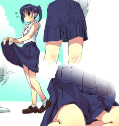 Rule 34 | 1girl, blush, clothes lift, electric fan, fanning crotch, fanning self, lifting own clothes, miniskirt, original, pleated skirt, shoes, skirt, skirt lift, socks, solo, standing, twintails