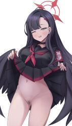 Rule 34 | 1girl, absurdres, armband, bamiyanpixel, black hair, black sailor collar, black serafuku, black skirt, black wings, blue archive, blush, clothes lift, cowboy shot, feathered wings, female pubic hair, grey eyes, groin, hair ornament, hairclip, halo, highres, ichika (blue archive), lifting own clothes, long hair, long sleeves, low wings, navel, neckerchief, no panties, one eye closed, open mouth, pubic hair, red armband, red halo, red neckerchief, safety pin, sailor collar, school uniform, serafuku, skirt, skirt lift, smile, solo, wings