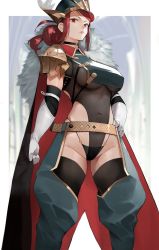 Rule 34 | 1girl, absurdres, armor, breasts, covered navel, hat, highleg, highleg leotard, highres, large breasts, leotard, long hair, looking at viewer, pauldrons, ponytail, red eyes, red hair, shoulder armor, solo, tabard, thighs, yoshio (55level)