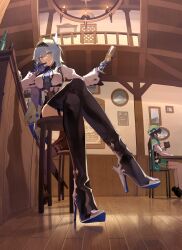 Rule 34 | 1boy, 2girls, absurdres, baiyinzhideng, bar (place), bard, black footwear, black gloves, black hairband, blue cape, blue gloves, blue hair, blue necktie, boots, braid, breasts, cape, champagne flute, chest harness, clothing cutout, crossed legs, cup, drinking glass, eula (genshin impact), fisheye, genshin impact, gloves, gradient hair, green cape, green headwear, green shorts, hair between eyes, hair ornament, hairband, hand on own face, hand up, harness, high-waist shorts, high heel boots, high heels, highres, holding, holding cup, indoors, large breasts, long sleeves, medium hair, multicolored hair, multiple girls, necktie, on chair, open mouth, orange eyes, pantyhose, rosaria (genshin impact), short hair with long locks, shorts, shoulder cutout, sidelocks, sitting, smirk, thigh boots, twin braids, venti (genshin impact), white pantyhose, white sleeves, wide sleeves, wooden floor
