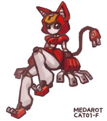 Rule 34 | 1girl, animal ears, cat ears, electric plug tail, helmet, highres, humanoid robot, looking at viewer, medarot, no mouth, oversized forearms, oversized limbs, peppercat, robot, robot girl, science fiction, simple background, sitting, solo, tail, white background, yoyoyoyoyo (turuse)