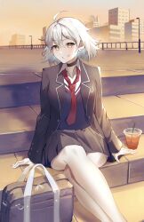 Rule 34 | 1girl, ahoge, breasts, briefcase, drink, fate/grand order, fate (series), hair between eyes, highres, jeanne d&#039;arc alter (fate), looking at viewer, necktie, official alternate costume, papukin, school briefcase, school uniform, short hair, skirt, smile, solo, white hair, yellow eyes