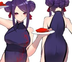 Rule 34 | 1girl, absurdres, alternate costume, alternate hairstyle, ass, back, blush, breasts, check commentary, china dress, chinese clothes, closed mouth, commentary request, double bun, dress, food, from behind, hair bun, hair ribbon, highres, holding, holding plate, jill stingray, large breasts, looking at viewer, meat, multiple views, plate, purple dress, purple hair, red eyes, ribbon, short hair, side slit, sidelocks, simple background, sleeveless, sleeveless dress, swept bangs, va-11 hall-a, white background, yanagui