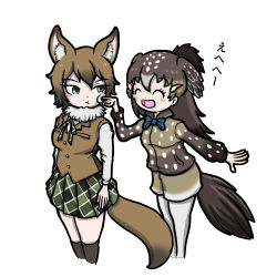 Rule 34 | 2girls, :d, :t, ^ ^, alternate design, animal ears, aomushi taro, arms at sides, bird tail, bird wings, blush stickers, bow, bowtie, breast pocket, brown hair, cheek poking, closed eyes, closed mouth, coyote (kemono friends), coyote (kemono friends) (old design), cropped legs, facing another, greater roadrunner (kemono friends), green eyes, hair between eyes, hair ornament, hairclip, hand up, head wings, kemono friends, long hair, long sleeves, looking at another, medium hair, multicolored hair, multiple girls, neck ribbon, open mouth, outstretched arm, outstretched hand, pantyhose, pantyhose under shorts, pleated skirt, pocket, poking, ribbon, shirt, shorts, simple background, skirt, smile, standing, tail, two-tone hair, vest, white background, wings, wolf ears, wolf tail, |d