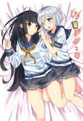 Rule 34 | 10s, 2girls, :o, ahoge, bare legs, barefoot, black hair, blue eyes, blush, breasts, feeding, food, french fries, hair over one eye, hair ribbon, hamakaze (kancolle), highres, isokaze (kancolle), kantai collection, karo-chan, large breasts, long hair, long sleeves, looking at another, lying, multiple girls, neckerchief, no gloves, on back, open mouth, pleated skirt, red eyes, ribbon, school uniform, serafuku, short hair, short sleeves, silver hair, skirt, translation request, tress ribbon, yellow neckerchief