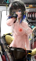 Rule 34 | 1girl, absurdres, ahoge, arknights, black gloves, black hair, black pants, blue eyes, blue hair, breasts, cable, chinese commentary, covered erect nipples, cowboy shot, earrings, eunectes (arknights), eunectes (forgemaster) (arknights), gloves, hhy, highres, jewelry, large breasts, looking at viewer, multicolored hair, navel, nipples, official alternate costume, one breast out, pants, pointy ears, see-through, short hair, slit pupils, snake tail, solo, stomach, streaked hair, sweat, tail, tank top, tool belt, torn clothes, wet, wet clothes, white tank top