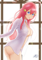 Rule 34 | 1girl, absurdres, ahoge, arched back, ass, backlighting, blue eyes, breasts, collared shirt, commentary request, covered erect nipples, from side, go-toubun no hanayome, hair between eyes, hair ornament, highres, island lagoon, large breasts, long hair, long sleeves, looking at viewer, nakano itsuki, naked shirt, open mouth, red hair, shirt, signature, solo, star (symbol), star hair ornament