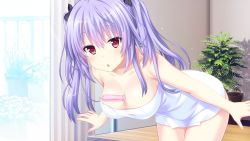 Rule 34 | 1girl, :o, absurdres, bare arms, bare shoulders, bent over, between breasts, blush, breasts, cleavage, curtains, female focus, game cg, highres, indoors, large breasts, leaning forward, legs, looking at viewer, naked towel, nekonyan, original, parted lips, plant, purple hair, red eyes, solo, thighs, tonari ni kanojo no iru shiawase ~summer surprise~, towel, twintails, uryuu koume