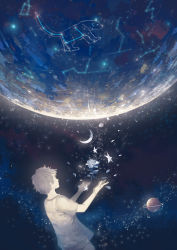 Rule 34 | 1boy, constellation, crescent moon, facing away, flower, hanasei, looking away, male focus, moon, original, planet, short hair, solo, space, star (sky), star (symbol)