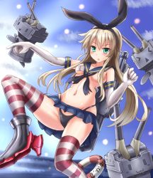Rule 34 | &gt; &lt;, 10s, 1girl, :&gt;, alternate eye color, aqua eyes, black neckerchief, black panties, blonde hair, breasts, cannon, closed eyes, elbow gloves, gloves, hair censor, hair ribbon, kantai collection, long hair, miniskirt, navel, neckerchief, panties, pantyshot, rensouhou-chan, ribbon, shimakaze (kancolle), skirt, small breasts, striped clothes, striped thighhighs, sumapan, thighhighs, underwear, upskirt