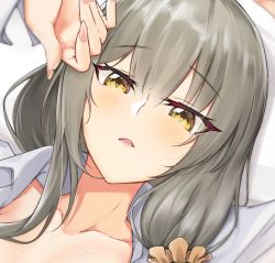 Rule 34 | 1girl, bad id, bad pixiv id, bed, blush, collarbone, girls&#039; frontline, grey hair, hands up, helianthus (girls&#039; frontline), long hair, looking at viewer, lying, nail polish, on back, open clothes, open mouth, open shirt, saett, shirt, simple background, solo focus, white shirt, yellow eyes
