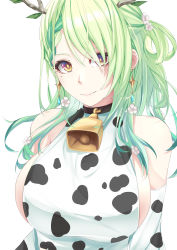 Rule 34 | 1girl, animal print, antlers, arms at sides, bare shoulders, bell, braid, braided bangs, branch, breasts, ceres fauna, choker, closed mouth, cosmicsnic, cow print, cowbell, detached sleeves, dress, earrings, flower, gold, gradient hair, green hair, hair flower, hair ornament, hair over one eye, hair rings, highres, hololive, hololive english, horns, jewelry, large breasts, long bangs, long hair, looking at viewer, messy hair, mole, mole under eye, multicolored hair, neck bell, sideboob, simple background, sleeveless, sleeveless dress, smile, solo, swept bangs, taut clothes, taut dress, upper body, virtual youtuber, white background, yellow eyes