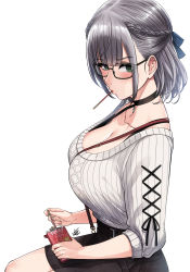 Rule 34 | 1girl, blush, breasts, collarbone, food, glasses, green eyes, highres, hololive, large breasts, pocky, shirogane noel, short hair, silver hair, solo, tagme, virtual youtuber, xter