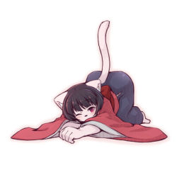 Rule 34 | 1girl, animal ears, ass, black hair, cat ears, cat tail, female focus, furry, furry female, japanese clothes, kimono, lowres, omunikin, one eye closed, original, red eyes, setsu (omunikin), short hair, simple background, solo, tail, top-down bottom-up, white background