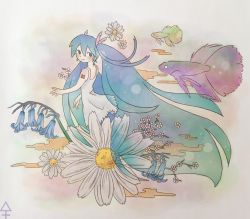 Rule 34 | blue eyes, blue hair, fish, flower, hatsune miku, kanra-san, long hair, smile, very long hair