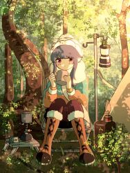 Rule 34 | 1girl, :o, backpacking stove, beanie, blue hair, blush, boots, brown pants, camping, camping chair, clock, coffee mug, cup, dappled sunlight, digital clock, fur-trimmed boots, fur trim, grass, green jacket, hat, highres, holding, holding cup, jacket, knee boots, lamp, long sleeves, looking at viewer, mug, multicolored clothes, multicolored jacket, nature, orange jacket, outdoors, pants, parted lips, portable stove, purple eyes, scarf, shima rin, sidelocks, sitting, solo, sunlight, tent, time, tree, white hat, white scarf, winter clothes, ycdmpoo, yurucamp
