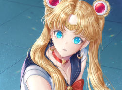 Rule 34 | 1girl, artist name, bishoujo senshi sailor moon, blonde hair, blue eyes, blue sailor collar, bow, brooch, choker, circlet, commentary request, crescent, crescent earrings, derivative work, double bun, earrings, glint, hair bun, hair ornament, hair over shoulder, heart, heart choker, highres, jewelry, long hair, magical girl, meme, parted bangs, parted lips, red bow, red choker, riku taru, sailor collar, sailor moon, sailor moon redraw challenge (meme), screenshot redraw, solo, sweat, tsukino usagi, twintails, upper body