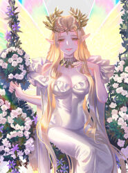 Rule 34 | 1girl, aurora (fate), blonde hair, breasts, butterfly wings, chain, cleavage, commentary, covered navel, dress, fate/grand order, fate (series), feet out of frame, flower, flower swing, grey background, hand on own chest, head wreath, insect wings, jewelry, large breasts, light particles, lips, long hair, looking at viewer, medium breasts, na222222, necklace, off-shoulder dress, off shoulder, parted bangs, parted lips, pointy ears, purple flower, sitting, smile, solo, tassel, very long hair, wavy hair, white dress, white flower, wings, yellow eyes