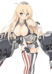 Rule 34 | 10s, 1girl, asymmetrical legwear, belt, belt buckle, blonde hair, blush, breasts, buckle, cleavage, elbow gloves, fingerless gloves, front-tie top, garter straps, gloves, headgear, iowa (kancolle), kantai collection, large breasts, leaning forward, long hair, looking at viewer, miniskirt, mismatched legwear, open mouth, simple background, skirt, solo, star-shaped pupils, star (symbol), striped clothes, striped skirt, striped thighhighs, symbol-shaped pupils, thighhighs, uneven legwear, vertical-striped clothes, vertical-striped skirt, vertical-striped thighhighs, white background, zekkyon, zettai ryouiki