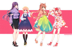Rule 34 | 4girls, :d, alternate costume, ankle boots, artist name, backpack, bag, bandaid, bandaid on knee, bandaid on leg, black skirt, black socks, blue background, blue eyes, boots, brown hair, casual, clothes writing, commentary, cross-laced footwear, doki doki literature club, dress, english commentary, eyes visible through hair, floral print, full body, green background, green eyes, green skirt, hair between eyes, hair ornament, hair ribbon, hairband, hairclip, hat, high-waist skirt, high heel boots, high heels, highres, hood, hooded jacket, jacket, kneehighs, lace-up boots, long hair, looking at viewer, mary janes, monika (doki doki literature club), multiple girls, natsuki (doki doki literature club), open mouth, parted lips, pink background, pink eyes, pink hair, polka dot, polka dot background, ponytail, profile, puffy sleeves, purple hair, ribbed sweater, ribbon, savi (byakushimc), sayori (doki doki literature club), shoes, short hair, short twintails, simple background, skirt, smile, socks, sweater, twintails, two-sided fabric, two-sided skirt, unmoving pattern, very long hair, x hair ornament, yellow background, yuri (doki doki literature club)