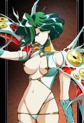 Rule 34 | 1girl, breasts, brown background, cleavage cutout, clothing cutout, cowboy shot, ferakia (langrisser), green hair, hair over one eye, hikaru (mikan0407), langrisser, langrisser iii, langrisser v, looking away, monster girl, navel, no bra, official style, revealing clothes, short hair, simple background, smile, solo, standing